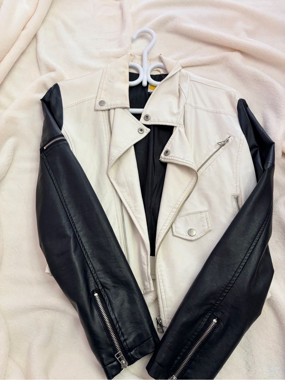 Dolls Kill Black and Cream Moto Jacket - Women's Leather-Style Coat